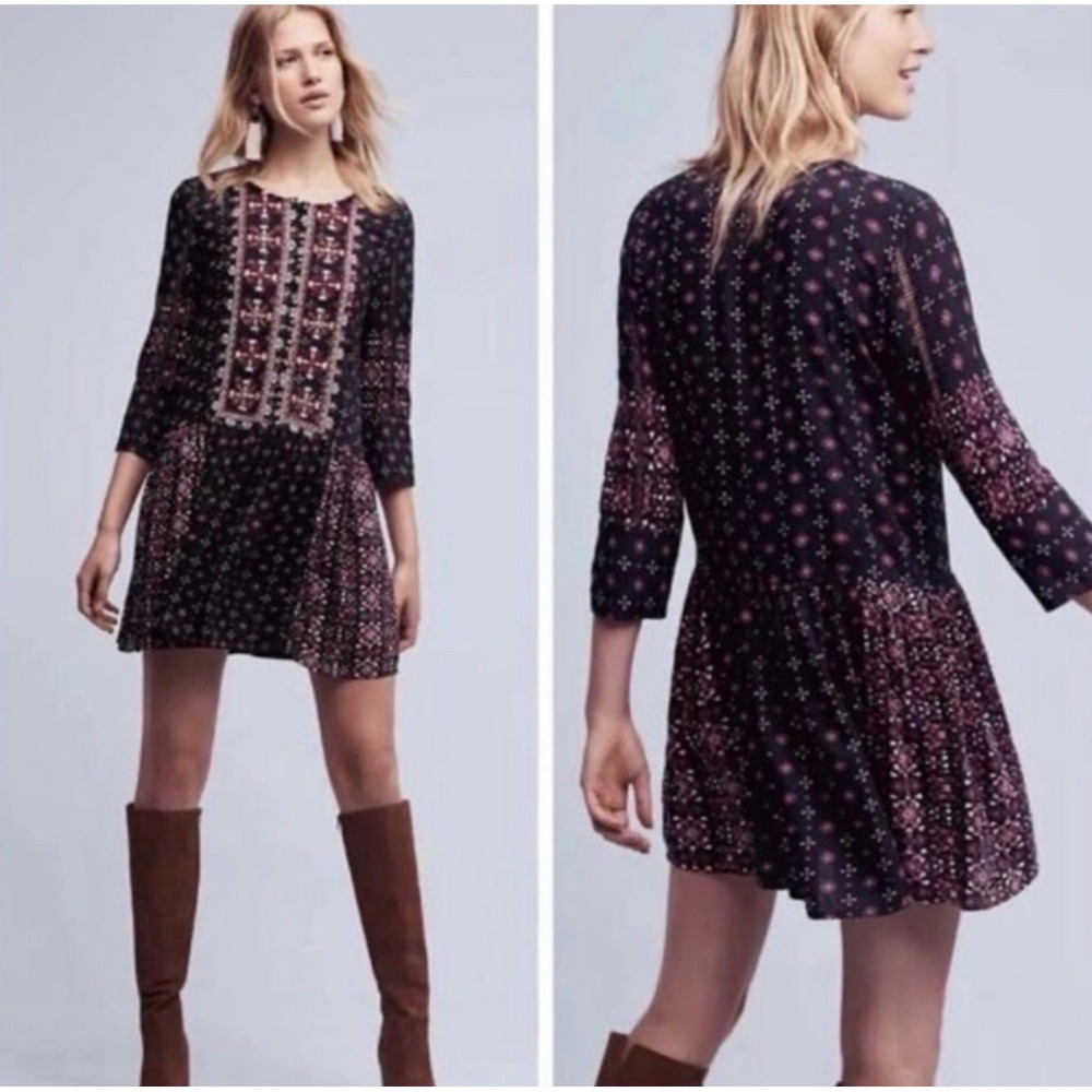Vanessa Virginia Anthropologie Black Floral Kaleidoscope Mini Dress